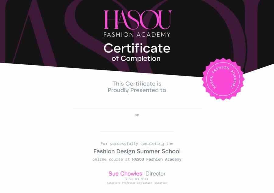 Certificate of completion from HASOU Fashion Academy, indicating successful completion of the Fashion Design Summer School online course.