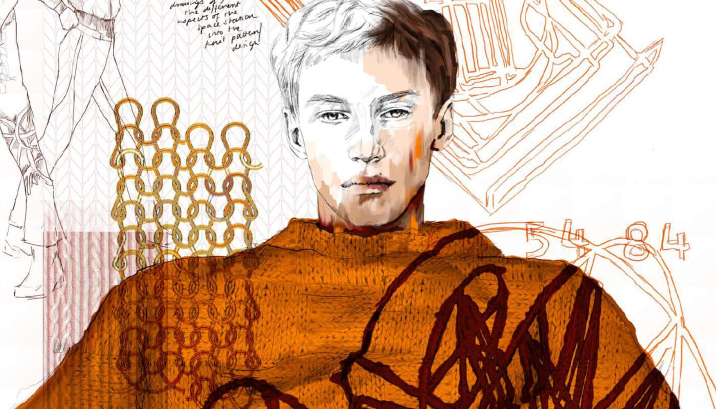 Illustration of a person in an orange patterned outfit with abstract designs and sketches in the background.