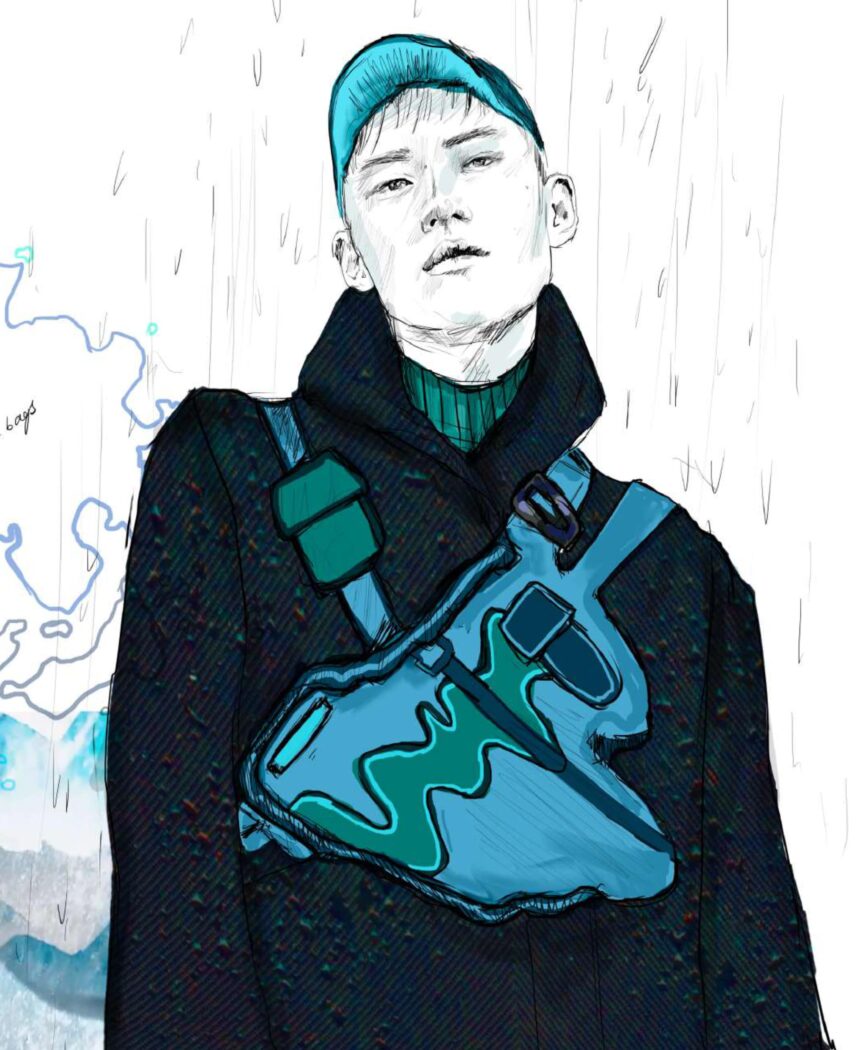 Illustration of a person wearing a blue cap, a dark coat, and a teal crossbody bag with abstract patterns, standing in front of a minimalistic background.