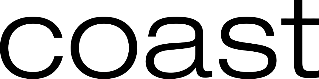 The image displays the word "coast" in a black, sans-serif font on a transparent background.
