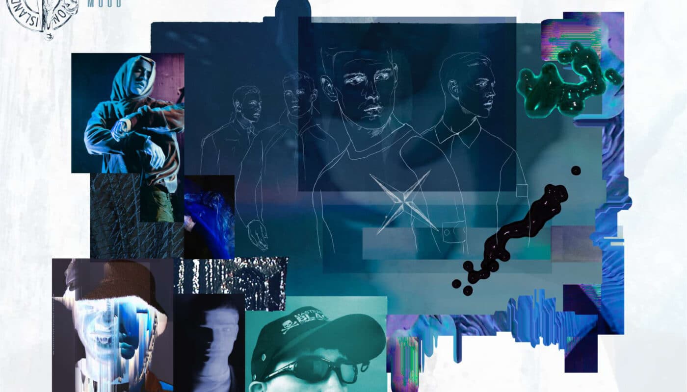 A collage featuring abstract art, individuals in hoodies and sunglasses, and digital glitch effects. A Stone Island logo and the word "mood" are visible.