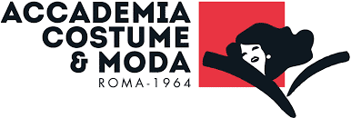 Accademia Costume & Moda logo featuring stylized face in black, red, and white, with text "Roma - 1964".