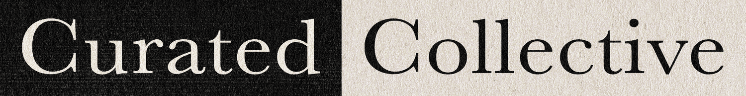 Text reading "Curated Collective" on a split background with black on the left and beige on the right.