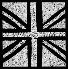 Union Jack flag composed of white circular patterns on a black background.