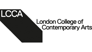 Logo of London College of Contemporary Arts featuring the acronym LCCA in a black stylized shape on the left, and the full name in black text on the right.