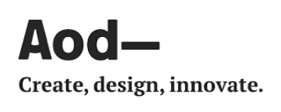Text logo with large bold letters "Aod" followed by a dash. Below it, the words "Create, design, innovate." are printed in smaller font.