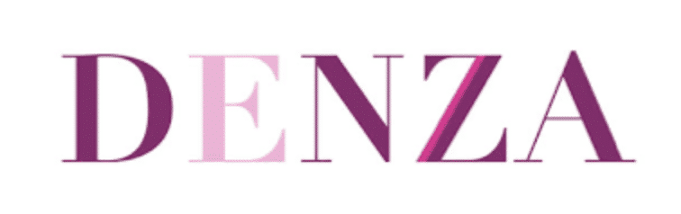 The image shows the word "DENZA" in purple and pink capital letters on a white background.