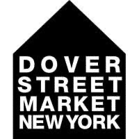 Black and white logo of Dover Street Market New York, resembling a house shape with text inside.