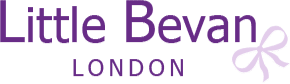 Purple text "Little Bevan" with "London" below and a ribbon design on the right.