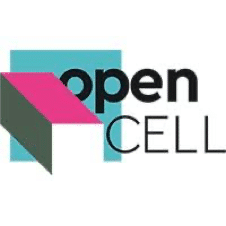 Logo of "open CELL" with a stylized pink and gray cube design on a light blue square background.
