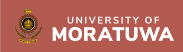 University of Moratuwa logo on a red background with an emblem featuring gears and a lion.