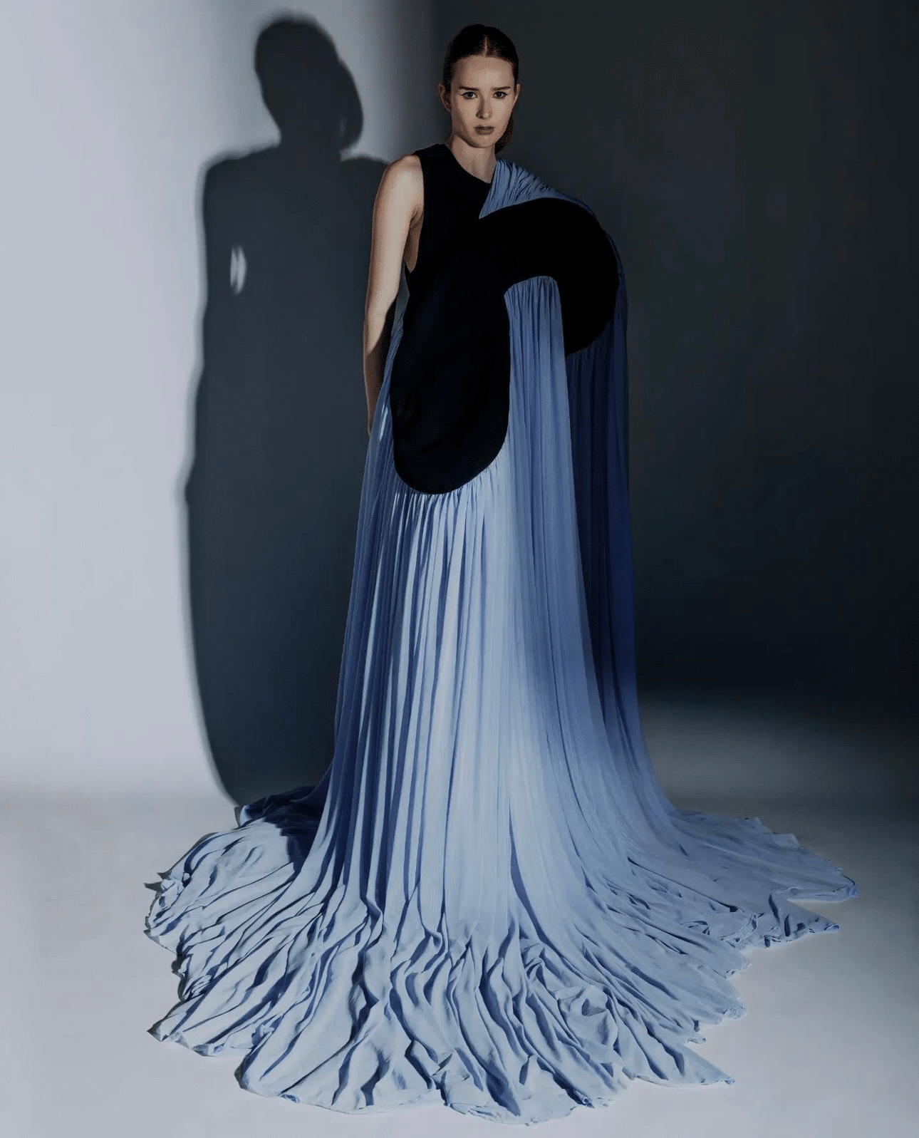 Person in a dramatic floor-length gown with a blue draped skirt and black top. Shadow cast on wall in studio setting.