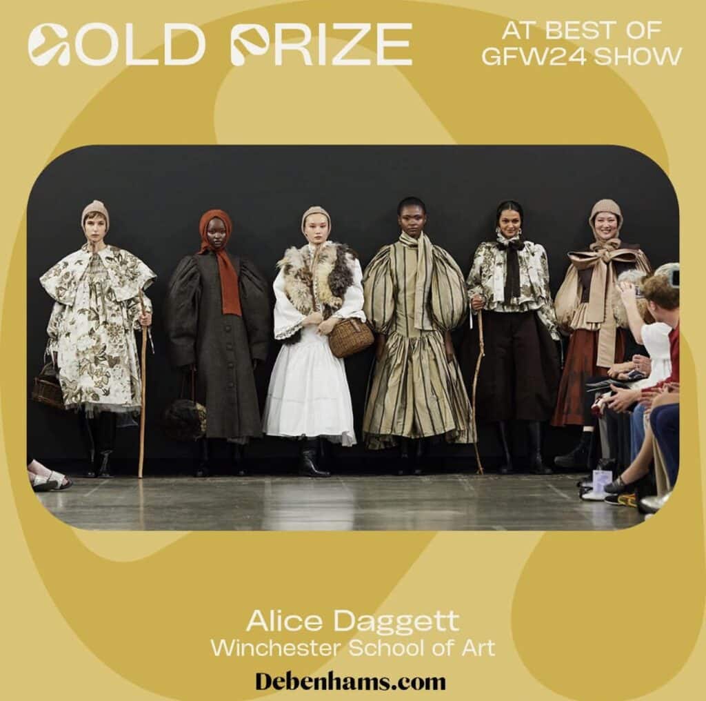 Seven models on a runway wearing Victorian-inspired outfits, including capes, long dresses, and bonnets. Text on image mentions Gold Prize, GFW24 Show, Alice Daggett, and Winchester School of Art.
