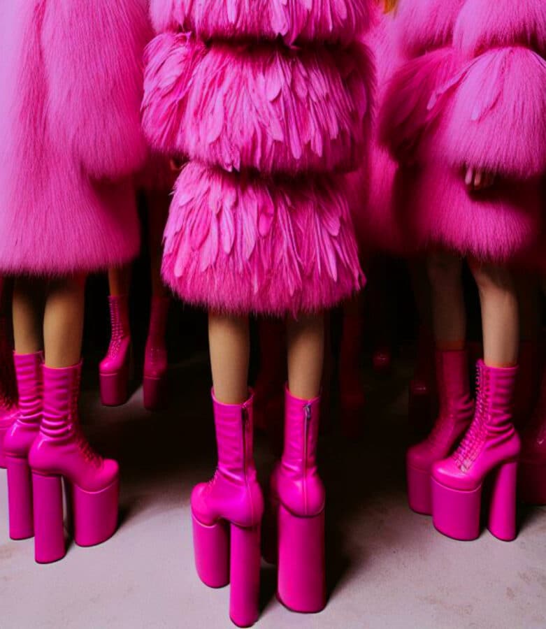 Models in bright pink feathered outfits and tall platform boots stand together.