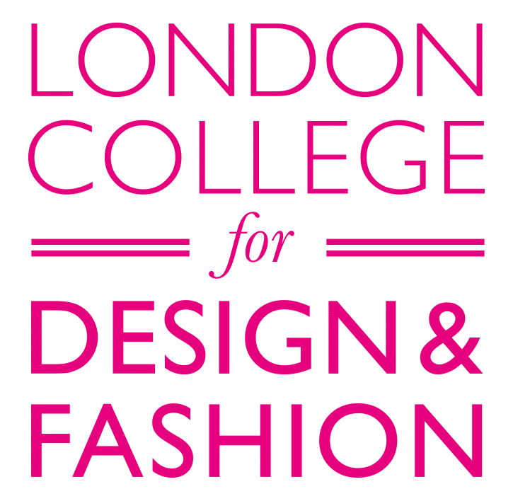 Pink text on a white background reads "London College for Design & Fashion" with horizontal lines framing "for".
