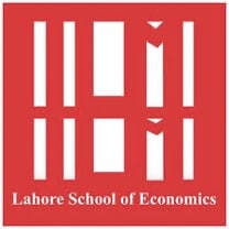 Red square logo with vertical and horizontal white lines forming an abstract design. Text below reads "Lahore School of Economics.
