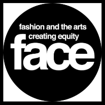 Black circle with white text: "fashion and the arts creating equity face".