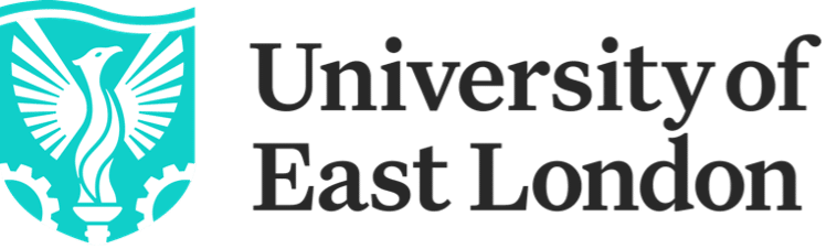 University of East London logo featuring a white phoenix on a turquoise shield next to the university name in black text.