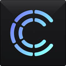 A stylized blue and purple letter "C" composed of segmented arcs on a black square background.