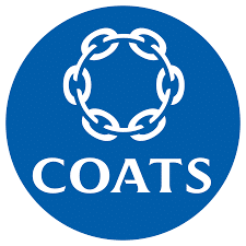 Blue circular logo with a chain link design at the top. The word "COATS" is written in white capital letters below the design.