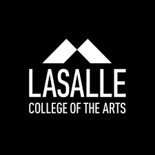 Black background with white text: "LASALLE College of the Arts," with a triangular design above the text.