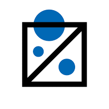 A black square with a diagonal line, containing three blue circles of varying sizes.