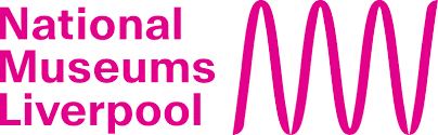 Logo of National Museums Liverpool with pink text and a wave design on the right.