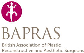 Logo of BAPRAS featuring a stylized gecko silhouette above the text, "British Association of Plastic Reconstructive and Aesthetic Surgeons.