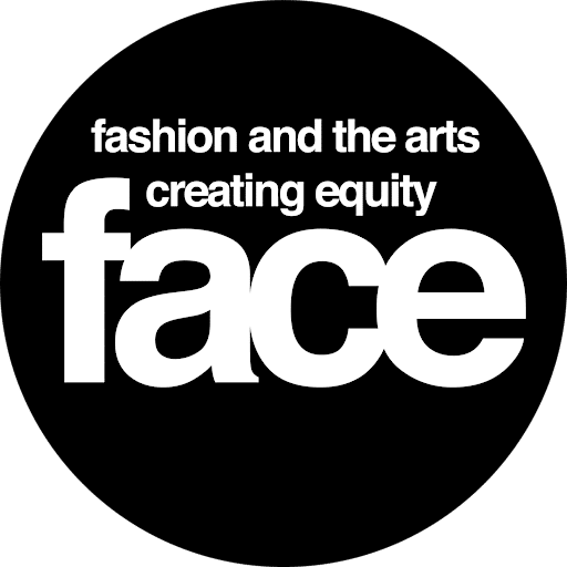 Black circle with white text that reads "fashion and the arts creating equity face".