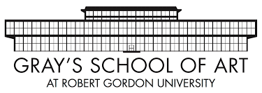 Black and white logo of Gray's School of Art at Robert Gordon University, featuring a stylized building design.