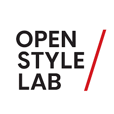 Logo with the words "Open Style Lab" in black text on a white background, accompanied by a diagonal red line.
