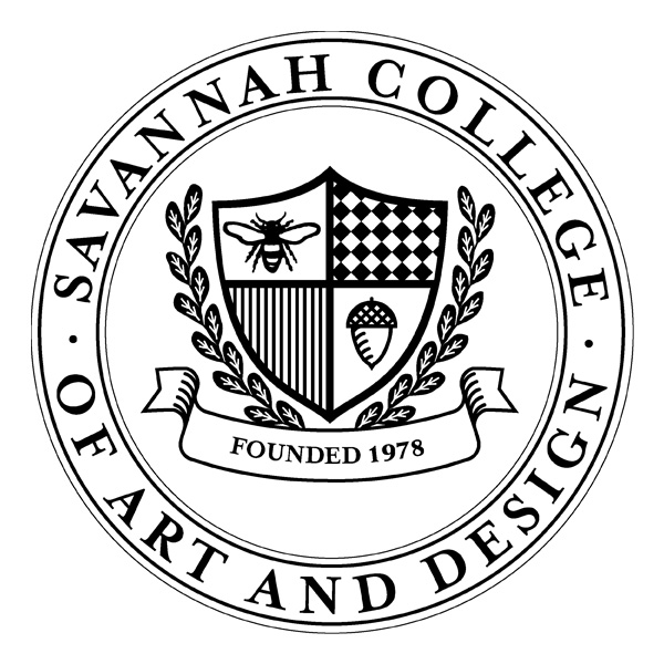 Black and white Savannah College of Art and Design logo featuring a shield with a bee, pattern, acorn, and text "Founded 1978" surrounded by laurel branches.